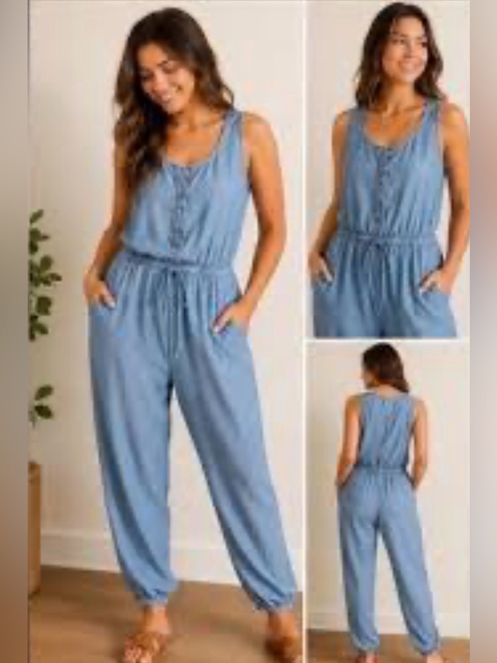 Sleeveless Light Blue Jumpsuit with Drawstring Waist Large